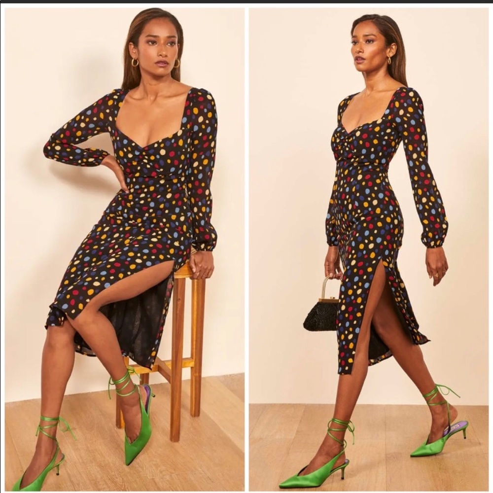 Reformation Mabille Black polka dot midi dress